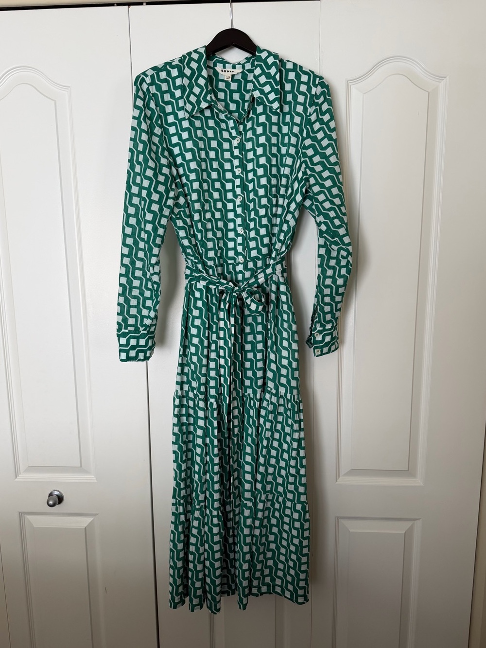 Boden Green Tiered Geometric Midi Shirtdress